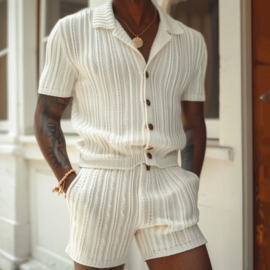 Men's Set – Slim Fit Knit – Button Closure Polo Collar – Elastic Waist Shorts
