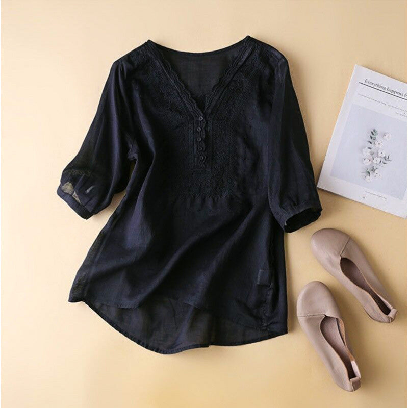 Relaxed Fit Embroidered V-Neck Blouse for Women – Effortless Everyday Elegance