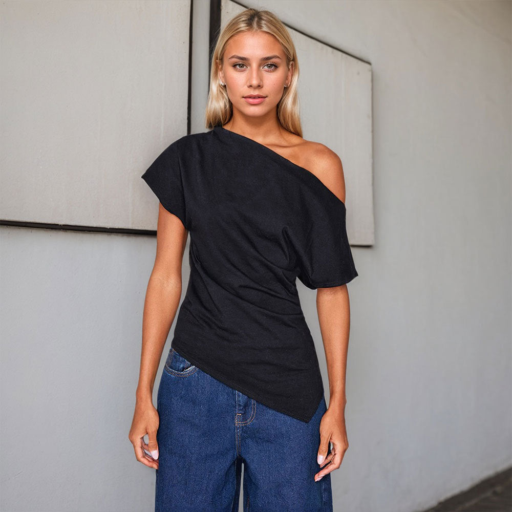 Women's Off-Shoulder Top – Asymmetric Design – Slim Fit – Short Sleeve – Soft Stretch