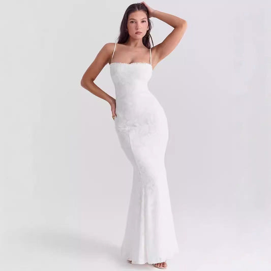 Women's Maxi Dress – Slim Fit – Satin Finish – Lace Trim – Spaghetti Straps