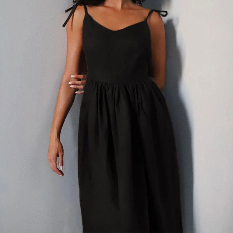 Women's Midi Dress – V-Neck – High Waist – Open Back – Adjustable Straps – Slit