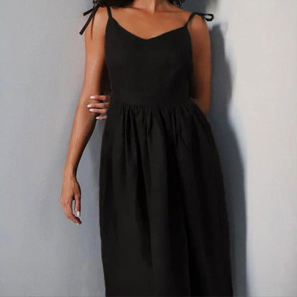 Women's Midi Dress – V-Neck – High Waist – Open Back – Adjustable Straps – Slit
