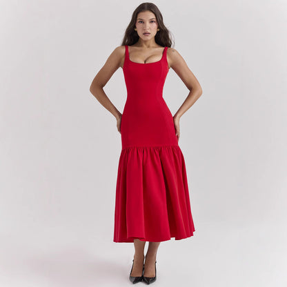 Women's Evening Dress – Satin – Fitted Fit – Sleeveless Round Neck – Mid-Length