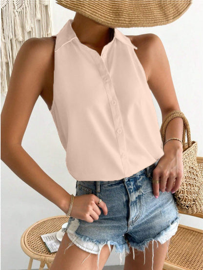 Women's Sleeveless Shirt – Relaxed Fit – Button Closure – Soft Shiny Fabric