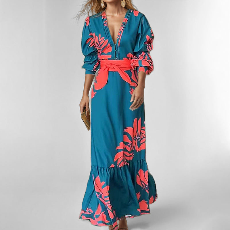 Dress for Women – Maxi Dress with Puff Sleeves – V-Neckline – Belt – Elegant Fit