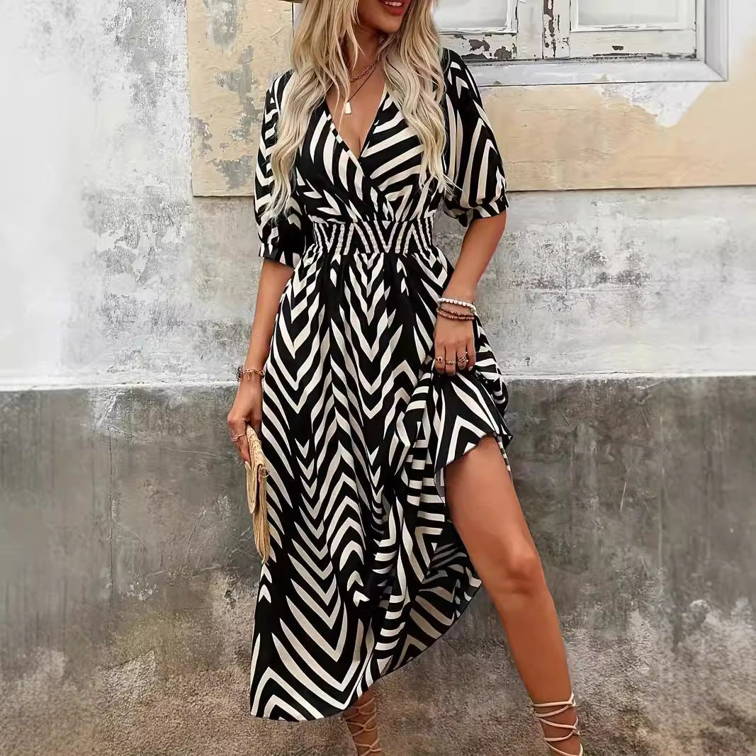 Women's Midi Dress – A-Line Cut – Lightweight and Breathable – V-Neck Wrap – Puff Sleeves – Belt