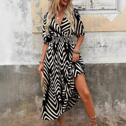 Women's Midi Dress – A-Line Cut – Lightweight and Breathable – V-Neck Wrap – Puff Sleeves – Belt