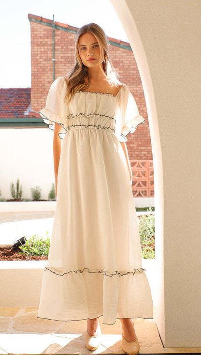Women's Maxi Dress – Lightweight Material – Flowing Fit – Ruched Waist – Ruffle Sleeves