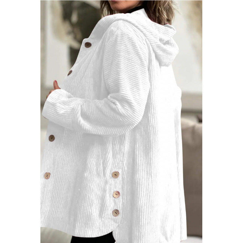 Women's Jacket with Hood – Corduroy – Relaxed Fit – Mid-Length – Button Details