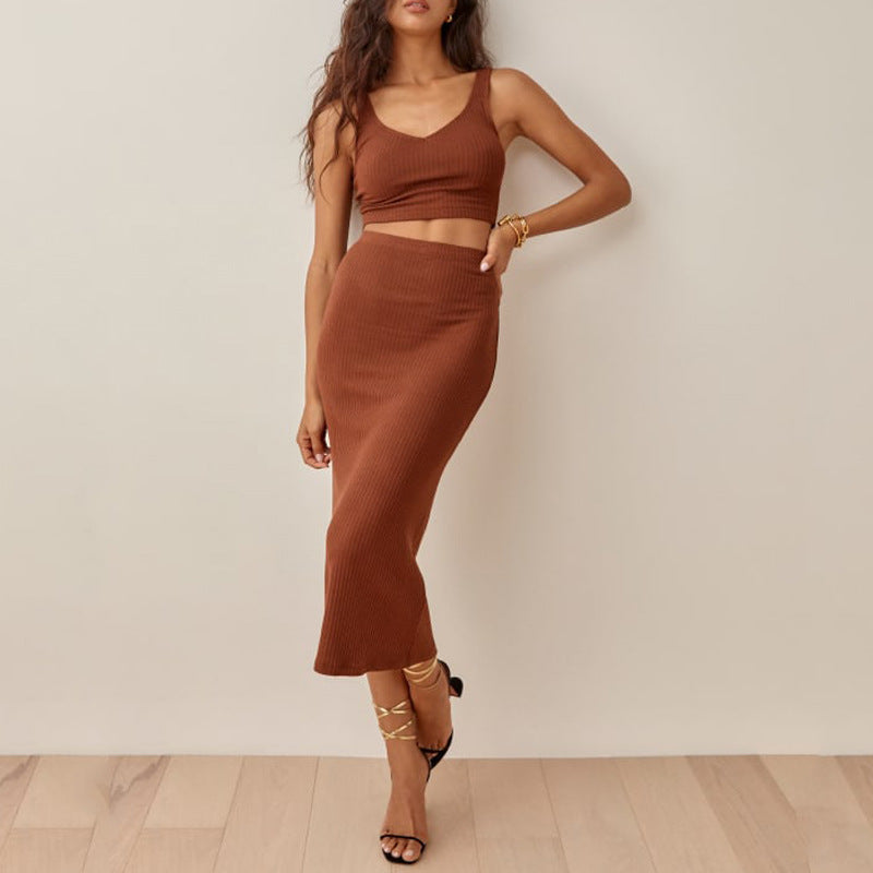 Women's Set – Ribbed Knit Crop Top and Midi Skirt – Slim Fit – High Waist