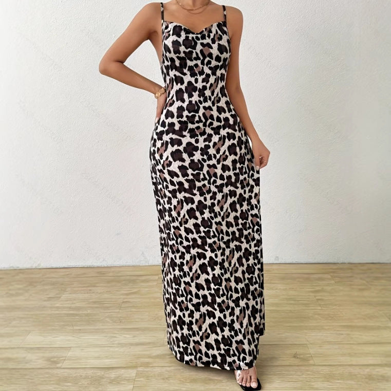 Women's Sleeveless Dress - Slim Fit - Leopard Print - Full Length with Side Slit