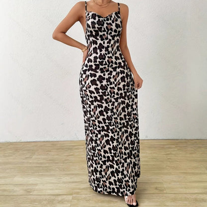 Women's Sleeveless Dress - Slim Fit - Leopard Print - Full Length with Side Slit