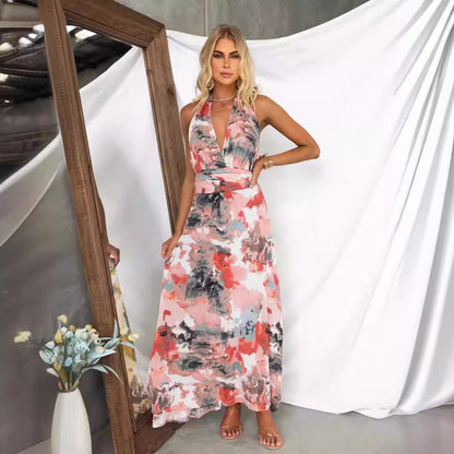Women's A-line Dress – V-neck – Tie Back – Print – Light and Airy Fit
