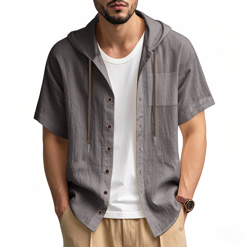 Men's Shirt with Hood – Linen Blend – Relaxed Fit – Short Sleeves – Button Closure