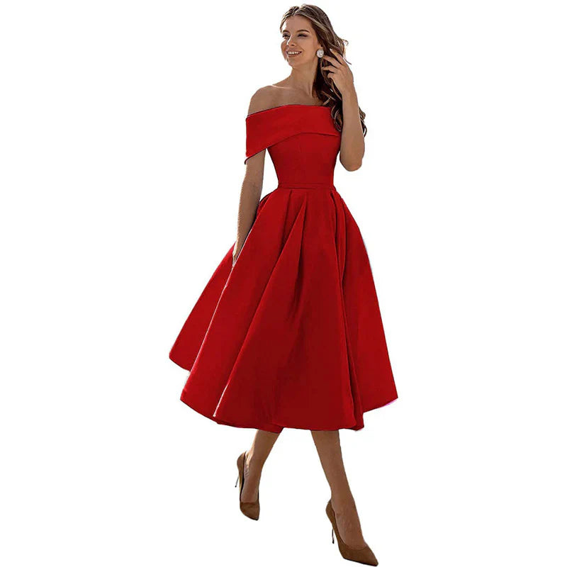 Women's Midi Dress - Elegant Off-Shoulder - Fit & Flare - Formal Party Look