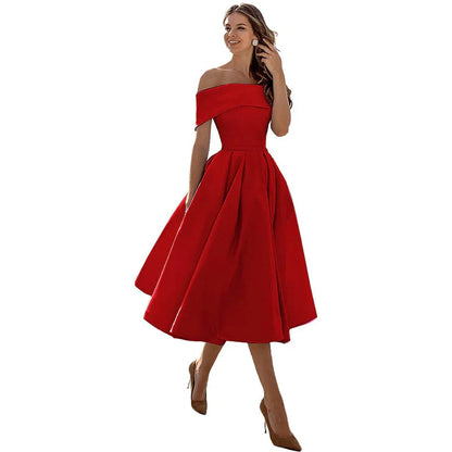 Women's Midi Dress - Elegant Off-Shoulder - Fit & Flare - Formal Party Look