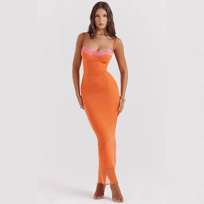 Women's Maxi Dress – Slim Fit – Lace Trim – Spaghetti Straps – Sheer Panel