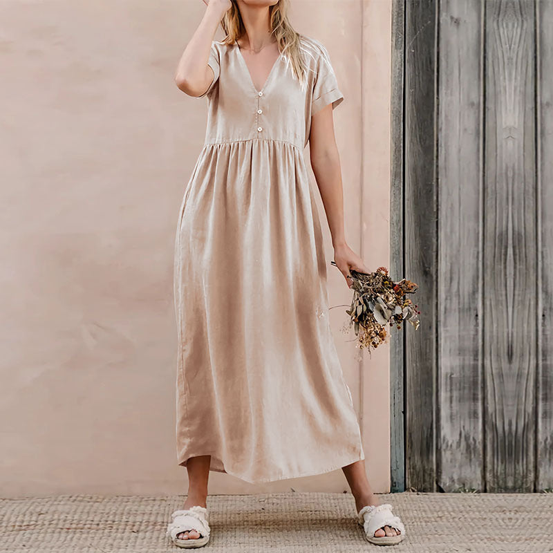 Women's Dress – Loose Fit – V-Neck with Buttons – Midi – Cotton-Linen Mix