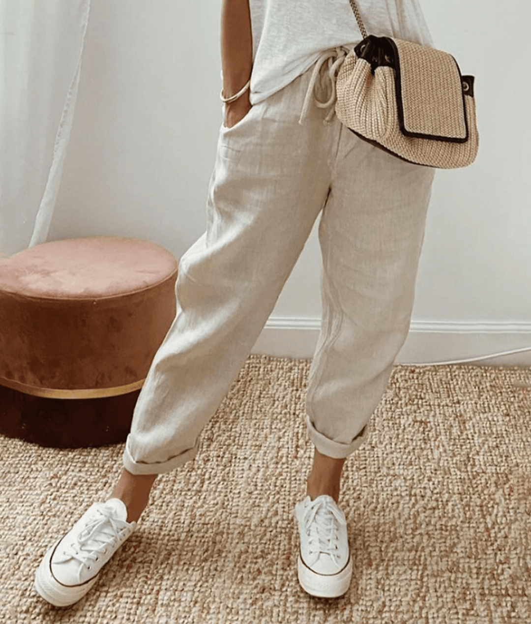 Women's Pants – Relaxed Fit – Breathable Blend – Drawstring Waist – Abstract Print – Cropped