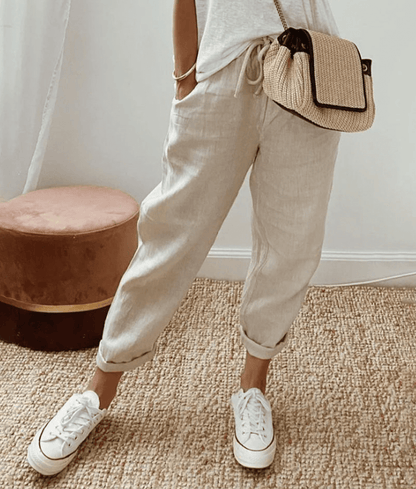 Women's Pants – Relaxed Fit – Breathable Blend – Drawstring Waist – Abstract Print – Cropped