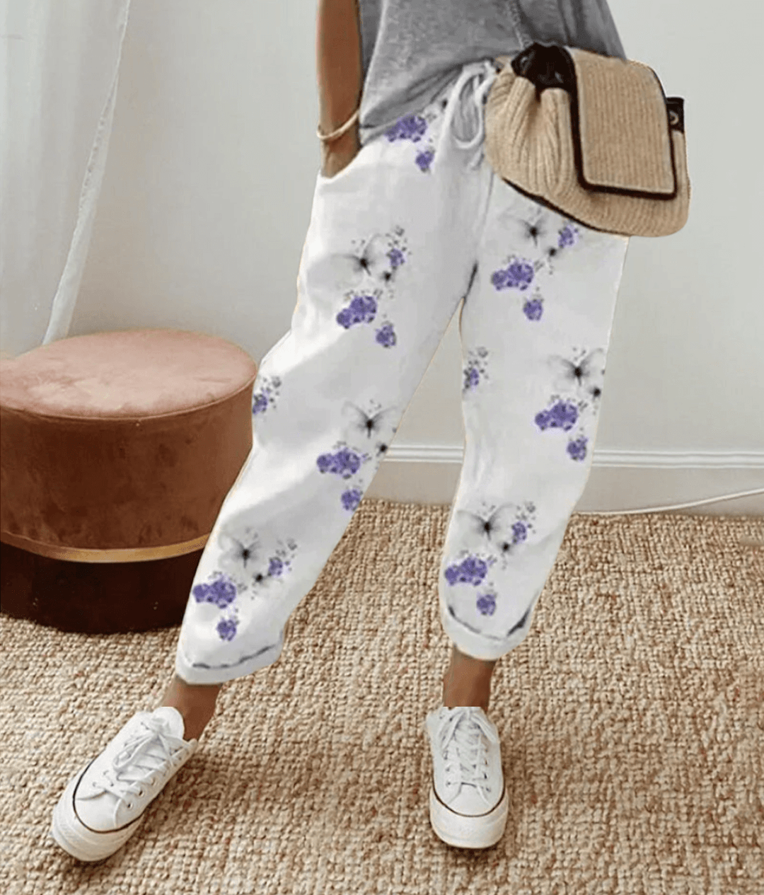 Women's Pants – Relaxed Fit – Breathable Blend – Drawstring Waist – Abstract Print – Cropped