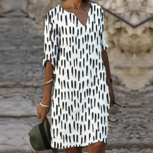 Women's Dress - Loose Fit - Knee Length - V-Neck & Half-Length Sleeves - Modern Print