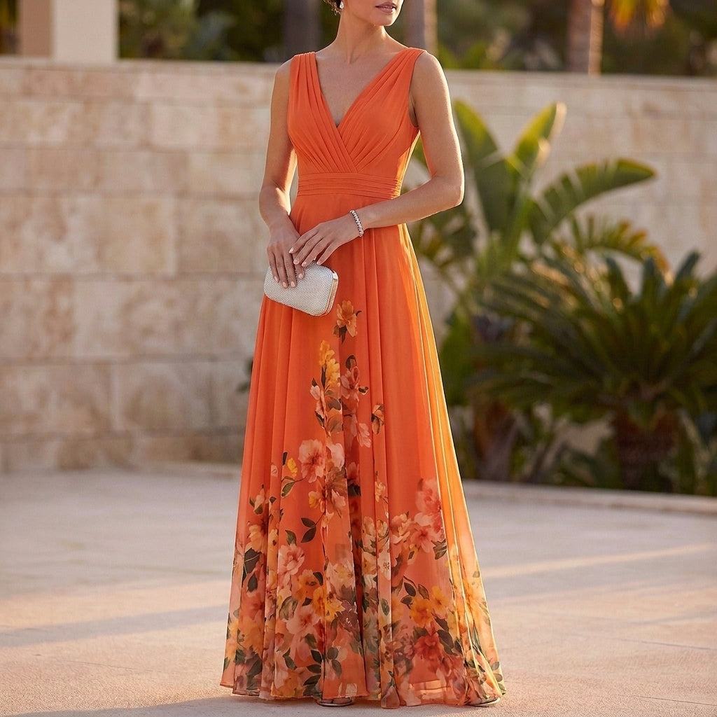 High-Waisted Pleated A-Line Maxi Dress for Women – Elegant Floral Style