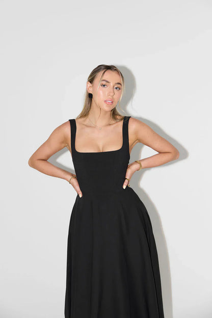 Women's Midi Dress - A-Line Fit - Square Neckline - Elegant and Classic Design