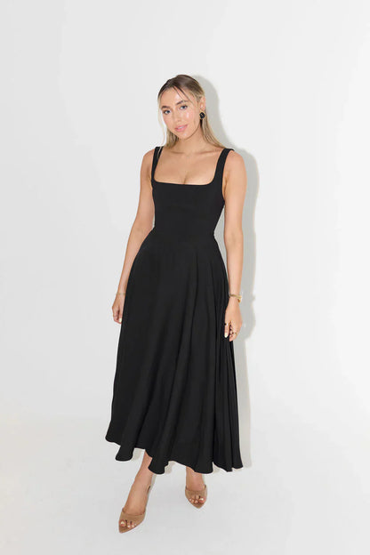 Women's Midi Dress - A-Line Fit - Square Neckline - Elegant and Classic Design
