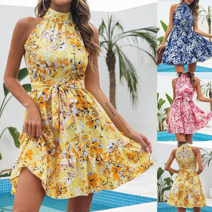 Women's Dress - Halterneck - A-line Fit - Floral Print - Waist Tie