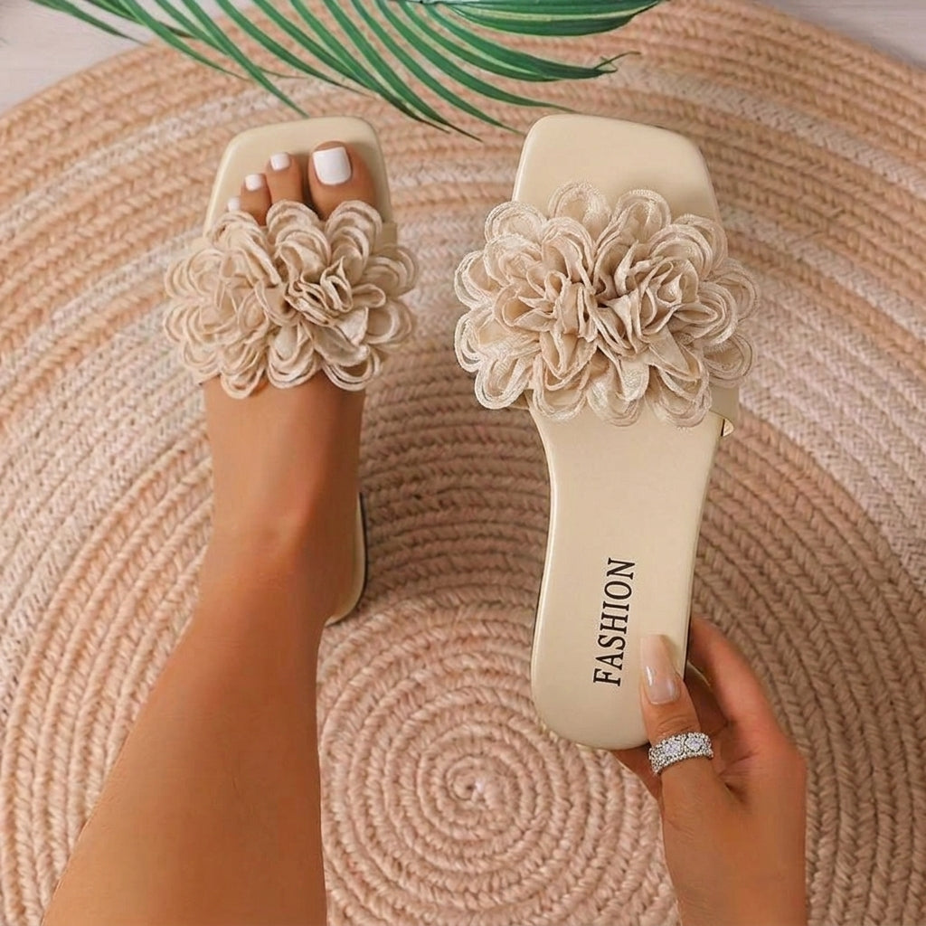 Women's Slide Sandals - Floral Appliqué - Flat Sole Comfort for Summer Days