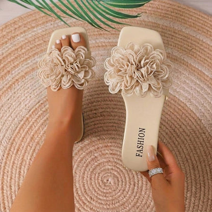 Women's Slide Sandals - Floral Appliqué - Flat Sole Comfort for Summer Days