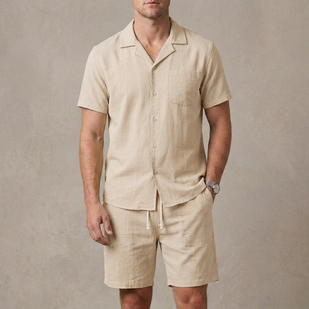 Relaxed Fit Cuban Collar Shirt and Drawstring Shorts Set for Men – Casual Comfort & Style