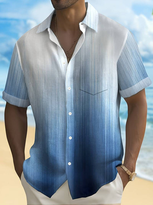 Men's Short-Sleeved Shirt - Button Closure - Gradient Pattern - Classic Collar - Regular Fit