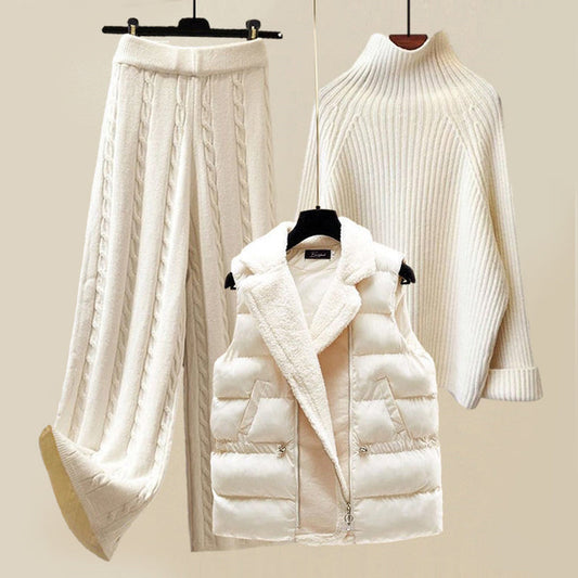 Women Knit Pants & Turtleneck Sweater - Soft Quality - Relaxed Fit - Padded Vest