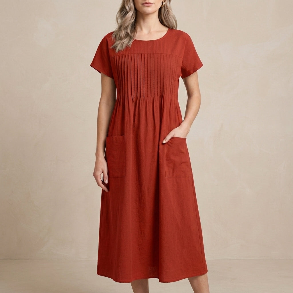 Pleated Pocket Midi Dress for Women – Relaxed Everyday Elegance