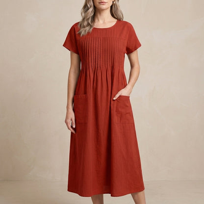Pleated Pocket Midi Dress for Women – Relaxed Everyday Elegance