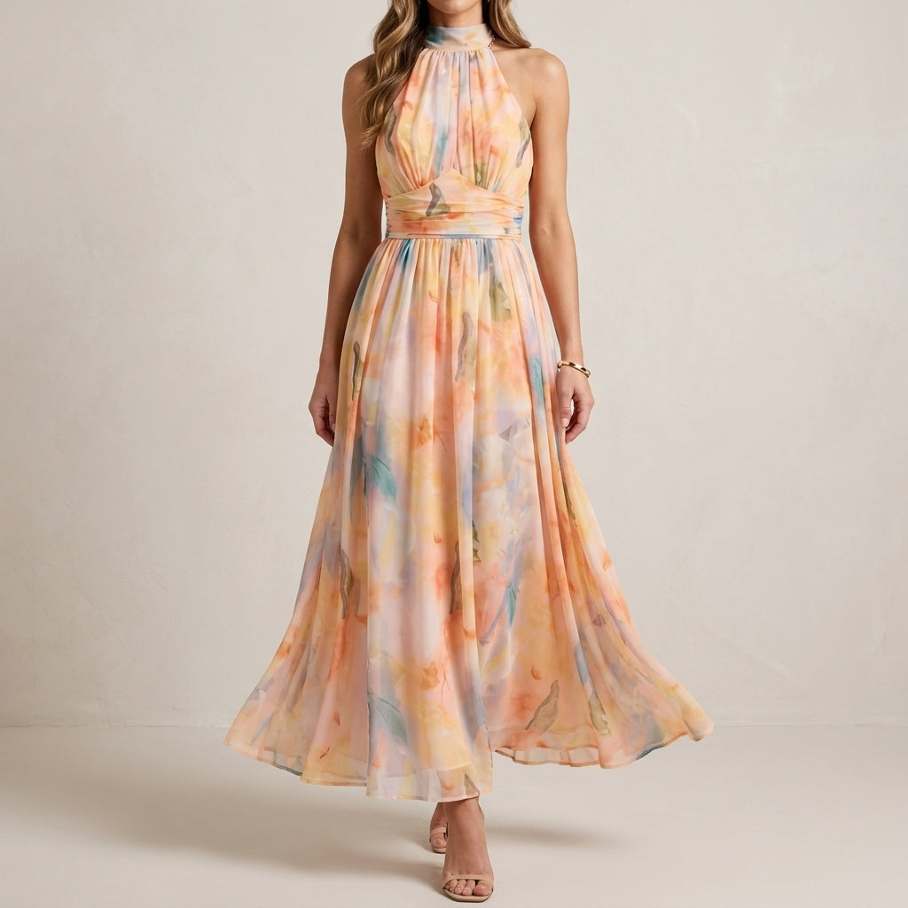 Watercolor Halter Midi Dress for Women – Graceful Occasion Elegance