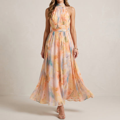 Watercolor Halter Midi Dress for Women – Graceful Occasion Elegance