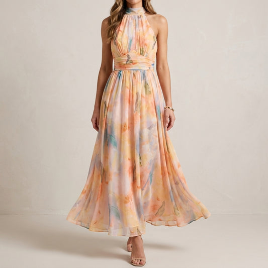 Watercolor Halter Midi Dress for Women – Graceful Occasion Elegance
