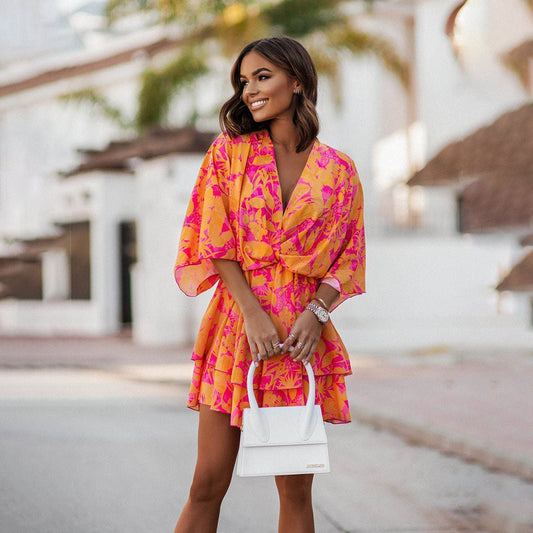 Women's Mini Dress - Wrap Design with V-Neck - Short Sleeves - Ruched Layered Skirt