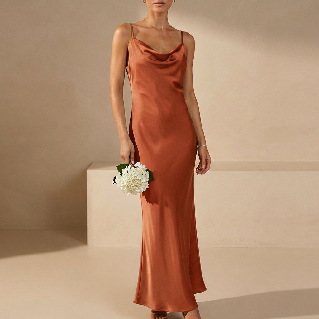 Satin Cowl Neck Maxi Dress for Women – Elegant Evening Glamour