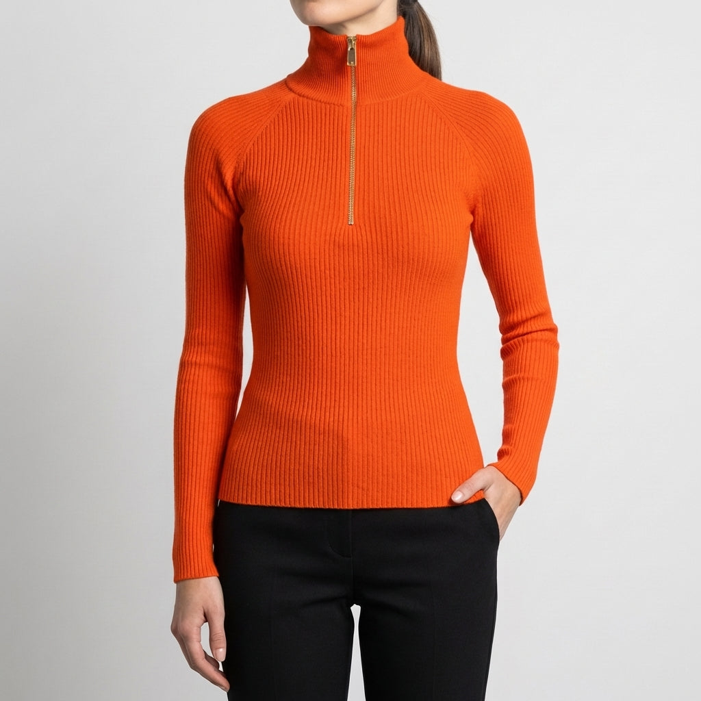 Quarter-Zip Ribbed Slim Fit Turtleneck Top for Women – Flattering Everyday Style