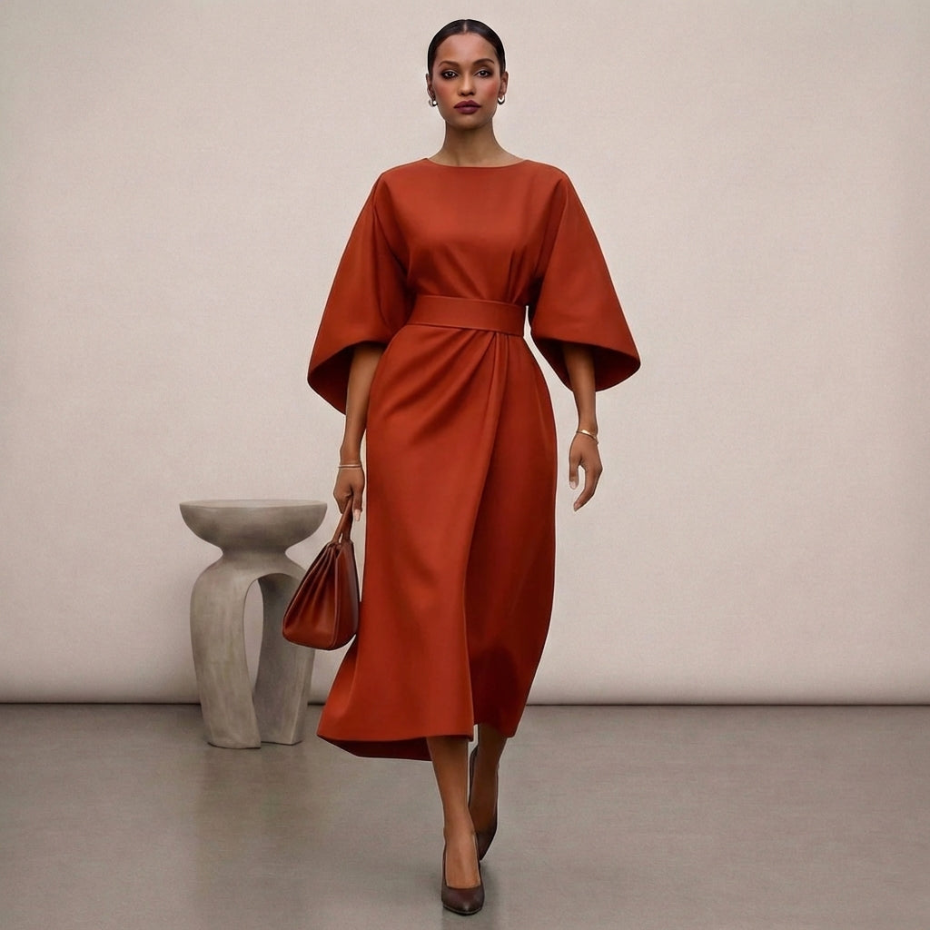Relaxed Fit Belted Draped Midi Dress for Women – Elegant Stylish Comfort
