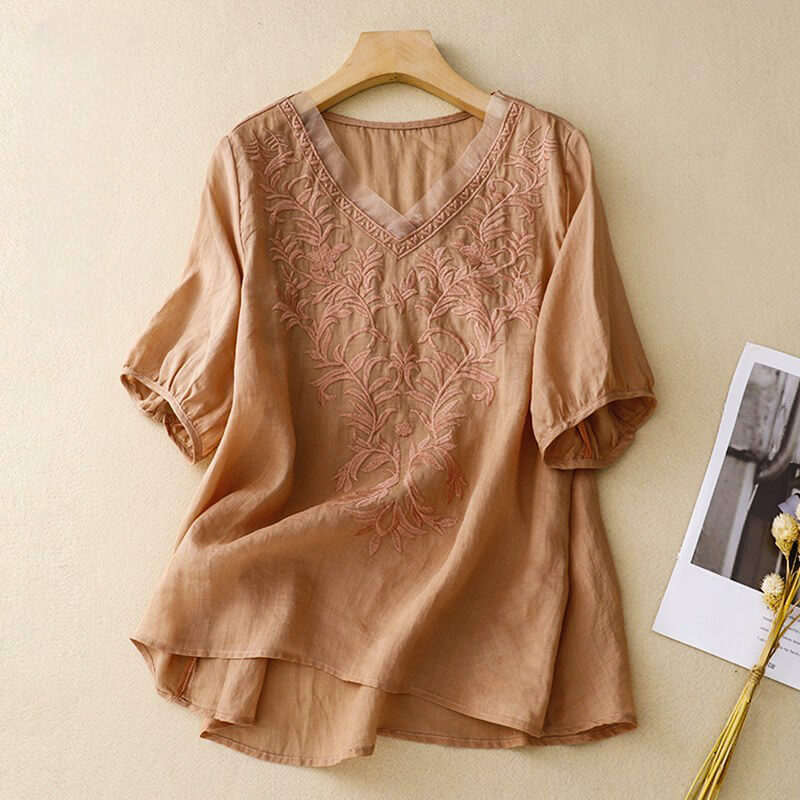 Embroidered V Neck Blouse for Women – Relaxed Bohemian Elegance