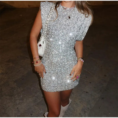 Women's Mini Dress – Slim Fit – Sequin Fabric – Sleeveless with Accentuated Shoulders