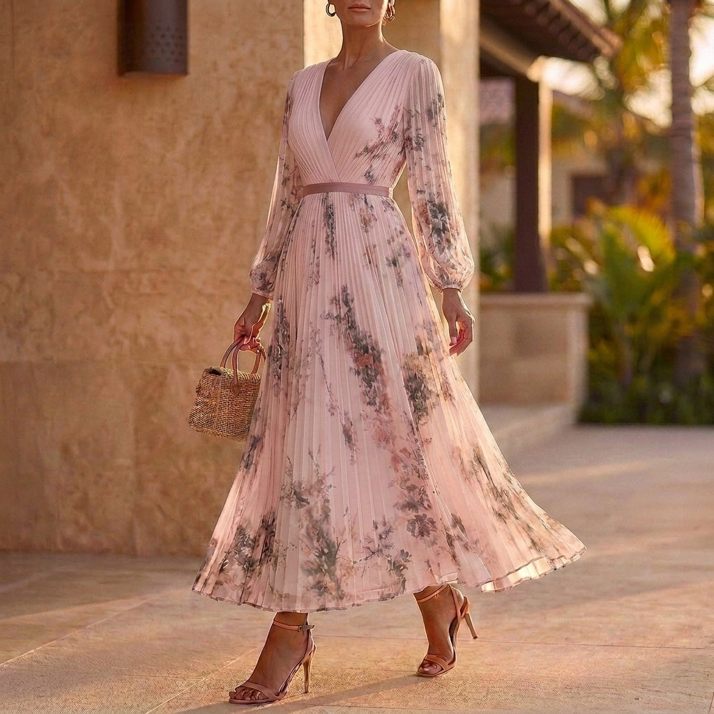 Pleated Belted A-Line Maxi Dress for Women – Elegant Floral Style