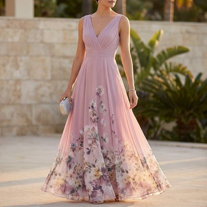 High-Waisted Pleated A-Line Maxi Dress for Women – Elegant Floral Style