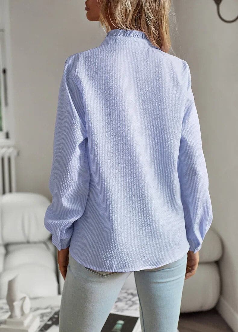 Women's Blouse - Light Crinkle Effect - Button Closure with Ruffle Details - Long-Sleeved Loose Fit