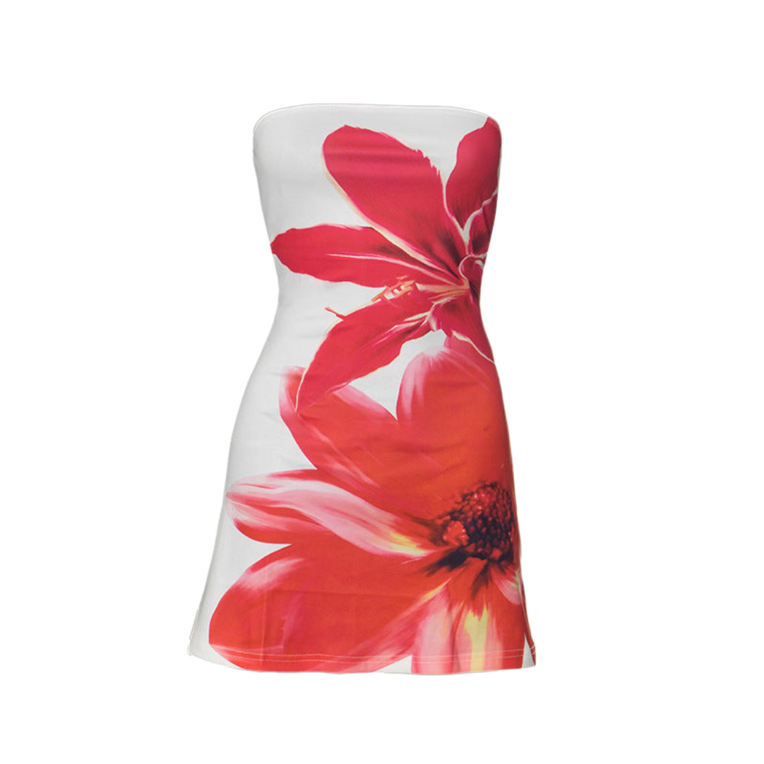 Women's Mini Dress – Strapless – Bodycon Fit – Satin Look – Floral Party Design
